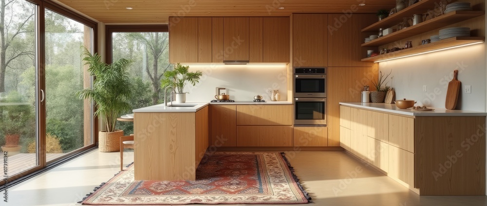 A wooden kitchen with long windows, light wood cabinets, and a tan concrete floor. A boho-style rug on the ground, plants in the background, modern architecture, minimalist design, and natural lightin