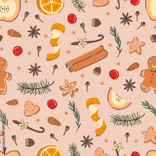 Seamless pattern of mulled wine spices. Illustration of gingerbread, anise stars, cinnamon, fir branches, orange slices, zest, and cloves. Christmas drink ingredients on beige background.