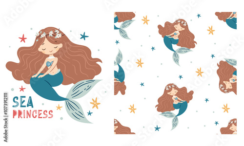 Vector set for printing on children's products. Cute mermaid, lettering and starfish. Seamless vector pattern . Vector illustration