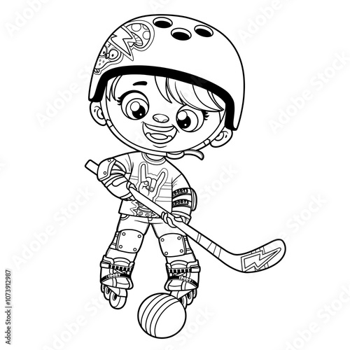 Cute cartoon boy in a helmet plays roller hockey with a stick and ball outlined for coloring page