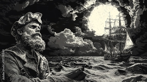  bearded captain, sailor, and a tall ship on the ocean evoking a sense of adventure and maritime spirit: photo