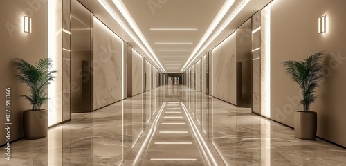 A spacious commercial corridor with reflective marble floors and minimalist lighting fixtures, creating a sleek, welcoming atmosphere in a modern building.
