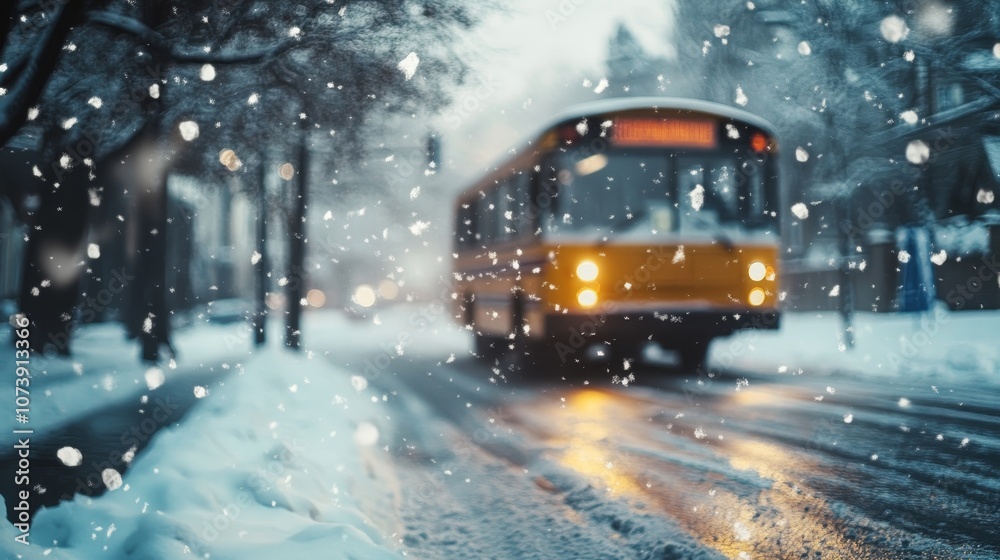 Yellow school bus driving on road winter composition background Yellow school bus driving on road winter composition background
