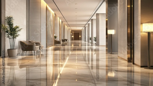 Wallpaper Mural A spacious corridor in a modern lobby, featuring glossy marble floors, minimalist furnishings, and elegant lighting fixtures, offering a refined aesthetic. Torontodigital.ca