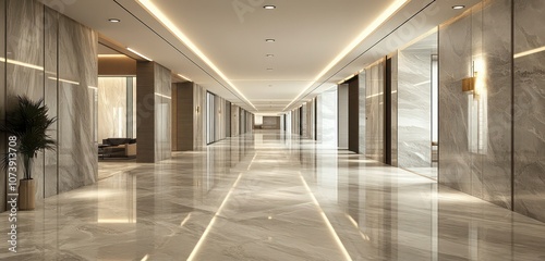 A spacious lobby corridor with polished marble floors and sleek lighting, creating a minimalist, luxurious atmosphere in a modern office building.