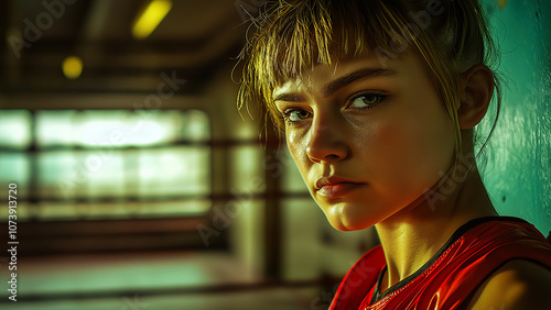 White female boxer or fighter, copy space, serious expression photo