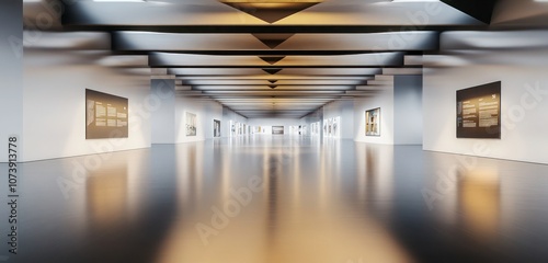 A spacious minimalist exhibition hall with sleek polished floors, modern angular ceiling beams, and blurred signage on sleek walls.