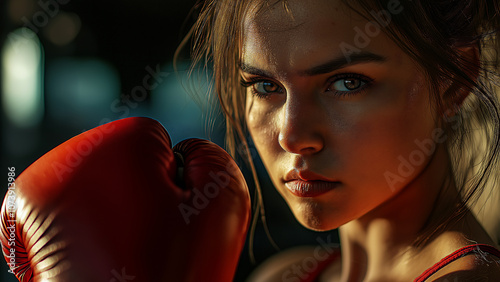 White female boxer or fighter, copy space, serious expression photo