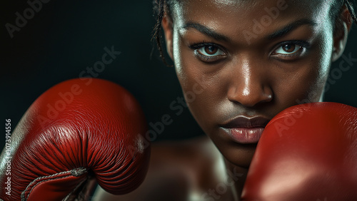 Black female boxer or fighter, copy space, serious expression photo