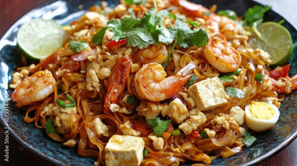 Thailand, Pad Thai, A stir-fried noodle dish with tamarind sauce, eggs, tofu, shrimp, and peanuts, often garnished with lime and fresh herbs, 16:9 Thailand, Pad Thai, A stir-fried noodle dish with tamarind sauce, eggs, tofu, shrimp, and peanuts, often garnished with lime and fresh herbs, 16:9