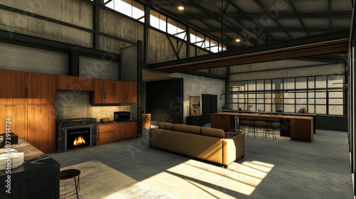 Modern open-concept living space featuring industrial design elements and a cozy fireplace in a serene, sunny environment