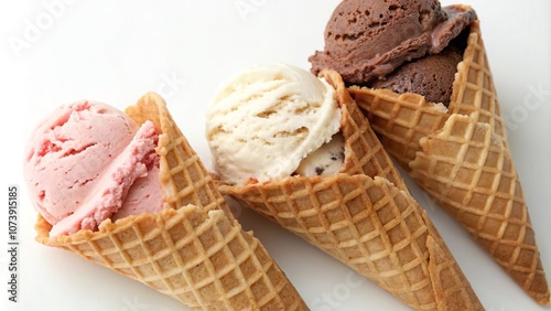 Klassische Eiskombination in Waffeln - Schokolade, Vanille und Erdbeere