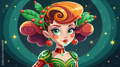 quirky girl caucasian, digital art, clipart, christmas funk dress on, tight updo with ringlets hair with holly barriers.