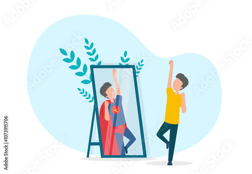 Inner Superhero. Boy Seeing Himself As Super Hero Looking At Mirror Reflection Standing On White Background. 