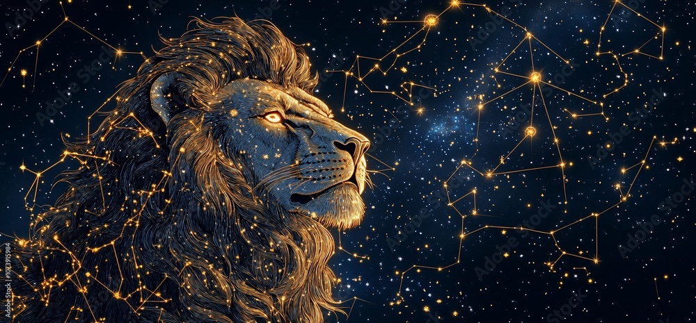 A majestic lion stands against a backdrop of a starry night sky, with constellations shining brightly. A majestic lion stands against a backdrop of a starry night sky, with constellations shining brightly.