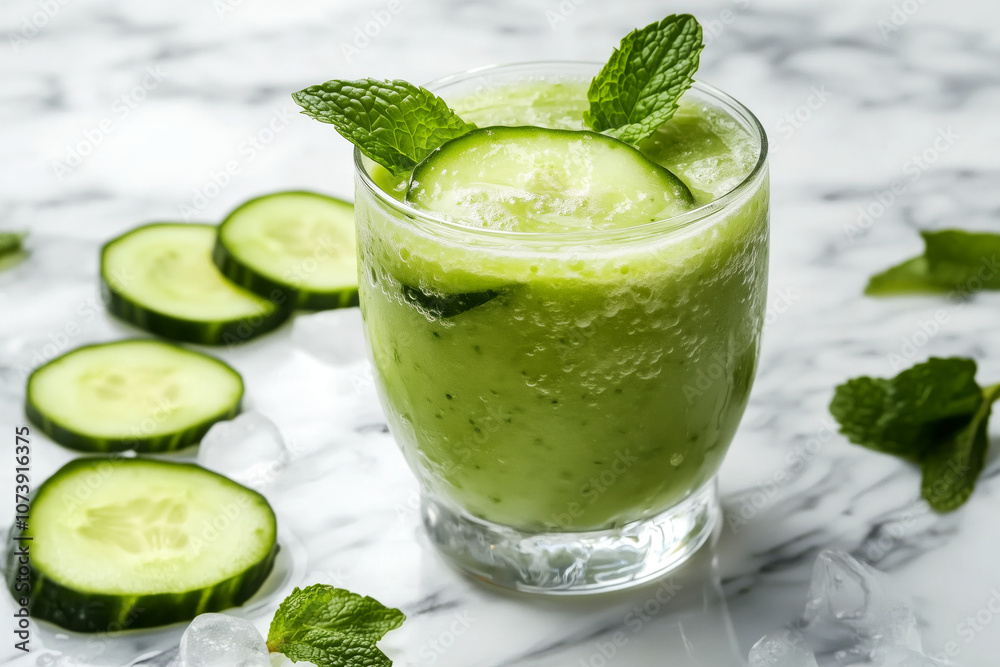 A refreshing green smoothie with mint leaves and cucumber slices, served in a clear glass with condensation, on a marble surface. A refreshing green smoothie with mint leaves and cucumber slices, served in a clear glass with condensation, on a marble surface.