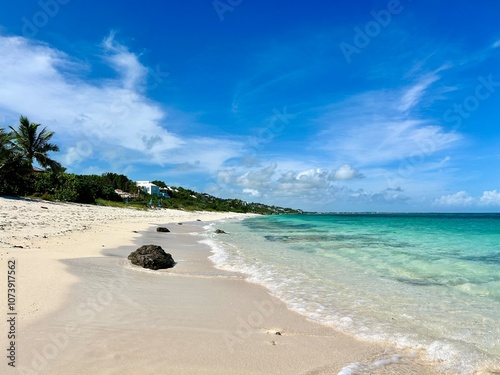 Turks and Caicos beach with turquoise waters, white sand, and lush greenery. A tropical paradise perfect for vacation, travel, nature, and beach photography, capturing the beauty of an exotic island photo