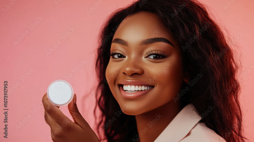 A woman with radiant skin smiles while holding a skincare jar against a soft pink backdrop during a beauty routine A woman with radiant skin smiles while holding a skincare jar against a soft pink backdrop during a beauty routine