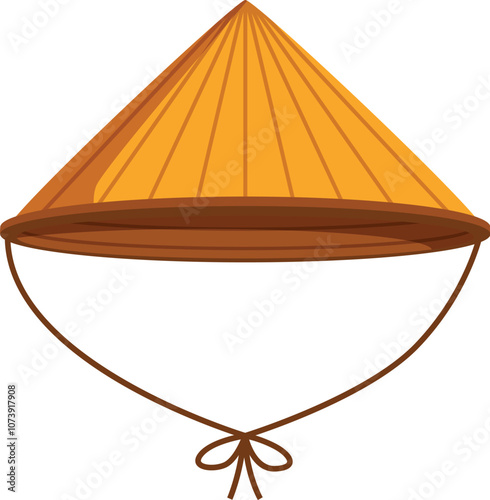 Asian conical hat made of straw, tied under chin with string, provides protection from elements