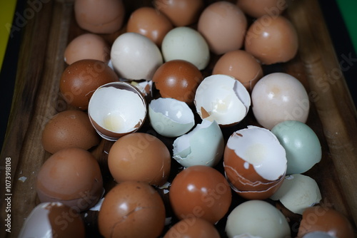 
eggshells of different shades on a table