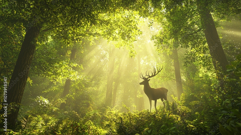 Fototapeta premium Enchanting Panoramic View of Dense Forest Through Deer's Eyes - Ultra-Detailed 3D Render with Play of Light and Shadow