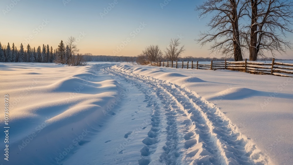 A snow-covered path leading through a quiet village on the edge of a forest, surrounded by serene winter landscapes and cozy homes A snow-covered path leading through a quiet village on the edge of a forest, surrounded by serene winter landscapes and cozy homes