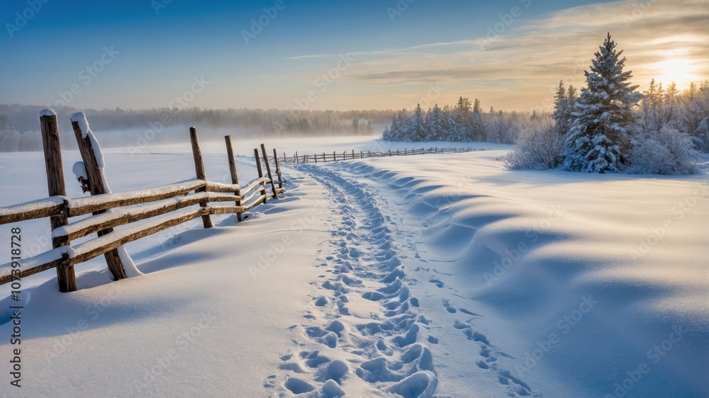 A snow-covered path leading through a quiet village on the edge of a forest, surrounded by serene winter landscapes and cozy homes A snow-covered path leading through a quiet village on the edge of a forest, surrounded by serene winter landscapes and cozy homes