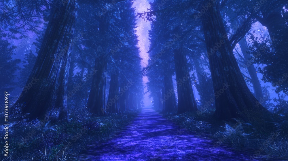 Enchanted Forest Path at Night - 3D Render Artwork with Owl's Viewpoint, Moonlit Serene Atmosphere Enchanted Forest Path at Night - 3D Render Artwork with Owl's Viewpoint, Moonlit Serene Atmosphere
