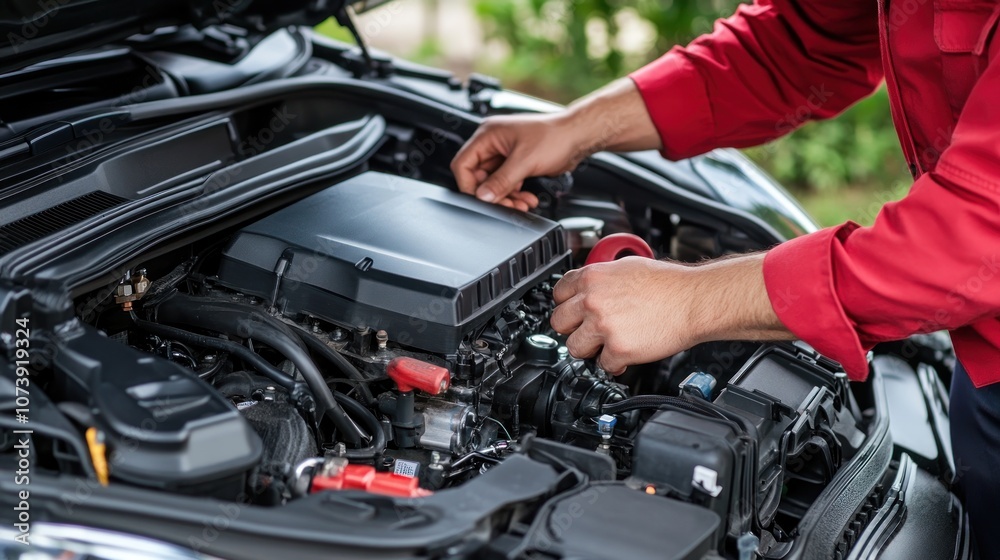 A mechanic working on a car engine, adjusting components for maintenance. A mechanic working on a car engine, adjusting components for maintenance.