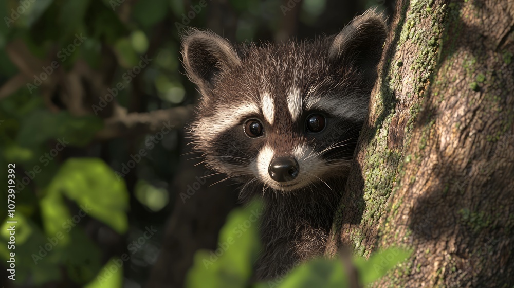 Curious Raccoon Peeking Behind Tree - Ultra-Detailed 3D Render Digital Artwork of Playful Nocturnal Wildlife in Natural Setting Curious Raccoon Peeking Behind Tree - Ultra-Detailed 3D Render Digital Artwork of Playful Nocturnal Wildlife in Natural Setting
