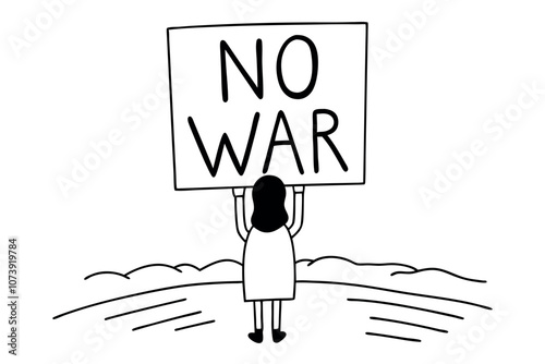 People striving for peace, protesting against war and violence. Line art vector illustration