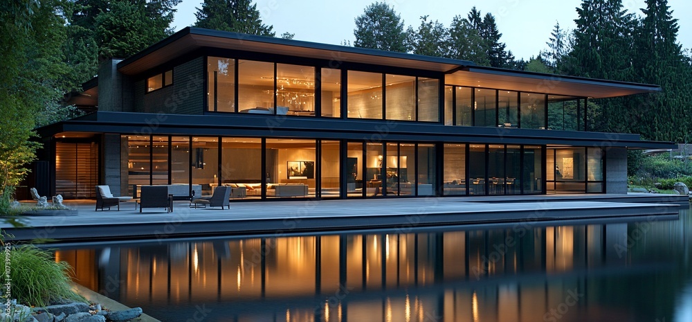 A modern, two-story house with large windows overlooking a still pond at dusk. The home has a sleek, minimalist design and is lit from within, creating a warm and inviting ambiance. A modern, two-story house with large windows overlooking a still pond at dusk. The home has a sleek, minimalist design and is lit from within, creating a warm and inviting ambiance.