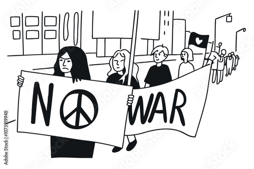 People striving for peace, protesting against war and violence. Line art vector illustration