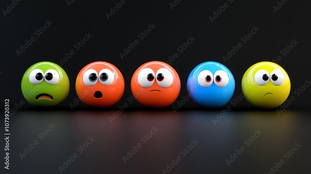 Five colorful 3D spheres with different facial expressions, arranged in a row on a black background. Five colorful 3D spheres with different facial expressions, arranged in a row on a black background.