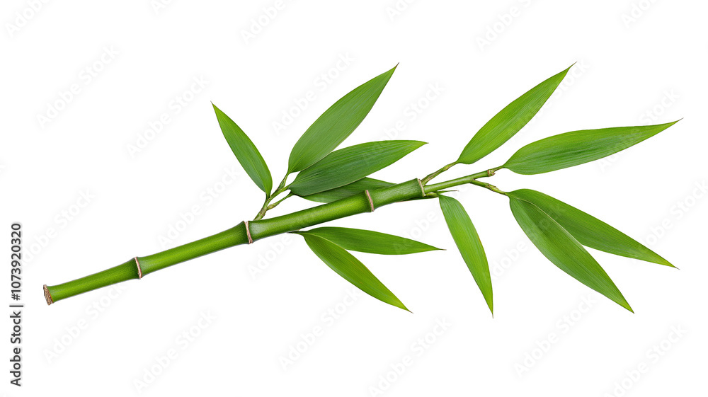 Fototapeta premium Single bamboo stem with green leaves isolated on a white background
