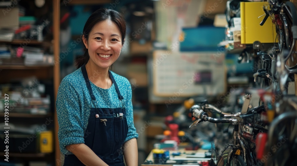 A smiling woman in a workshop surrounded by tools and equipment. A smiling woman in a workshop surrounded by tools and equipment.