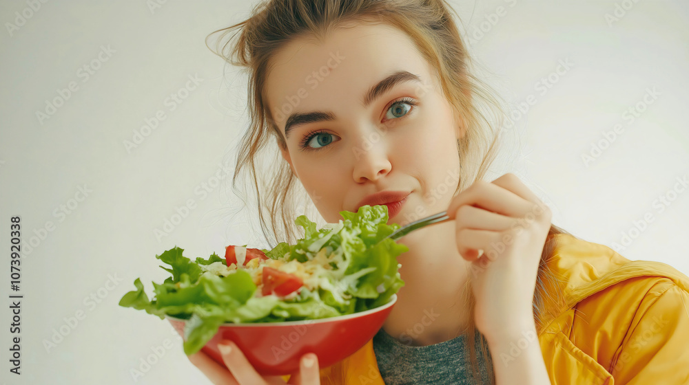 Young Caucasian girl or woman enjoys a caesar salad as a healthy choice, focusing on nutrition and diet, embracing fresh food and balanced eating, nourishing meal Young Caucasian girl or woman enjoys a caesar salad as a healthy choice, focusing on nutrition and diet, embracing fresh food and balanced eating, nourishing meal