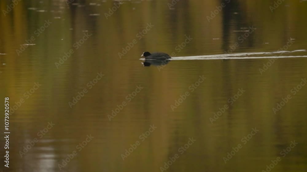 Moorhens and other birds on an autumn lake. Moorhens and other birds on an autumn lake.
