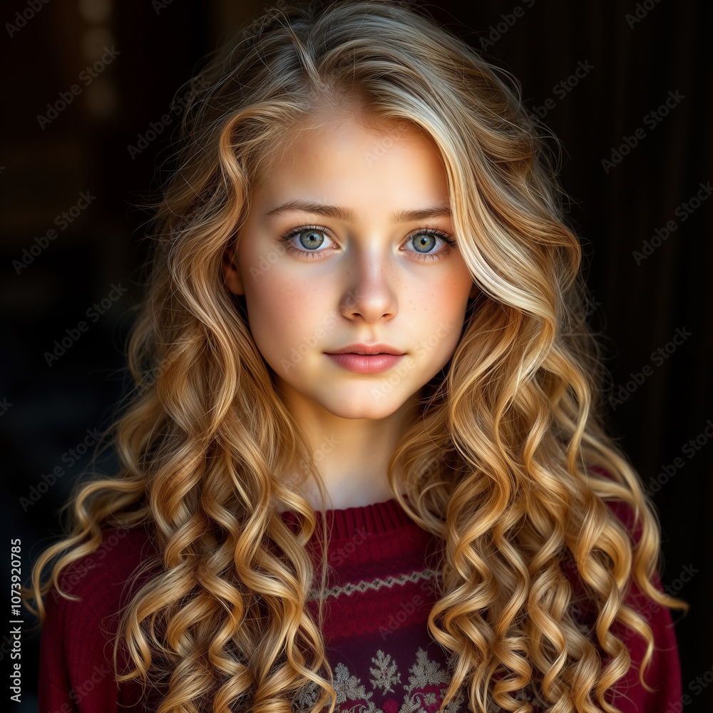 Fototapeta premium young beautiful simple village girl with blonde curly long hair