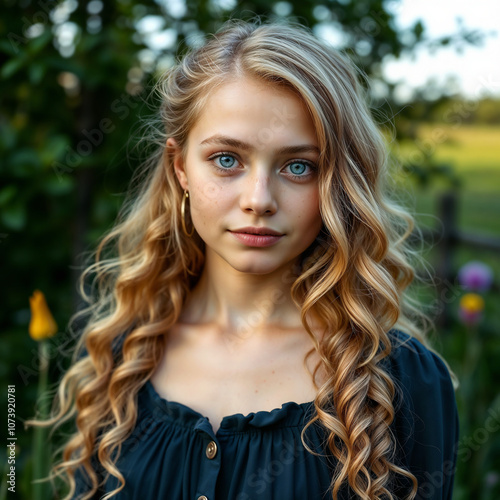 young beautiful simple village girl with blonde curly long hair