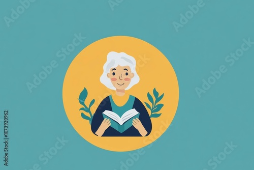 Occupational Therapist Cartoon Logo Featuring Elderly Woman Reading Book in Peaceful Setting
