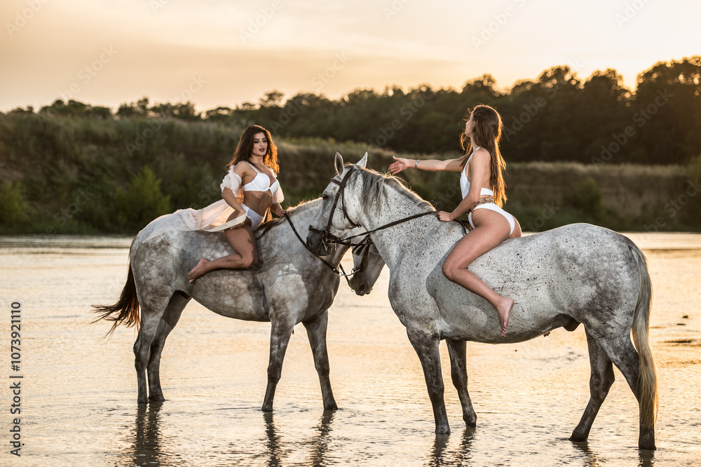 Beautiful brunettes woman with long hair ,white bikini and white shirt rides on a white horse in the river. Sensual and attractive girls interacting and rides a horse in the water at sunset