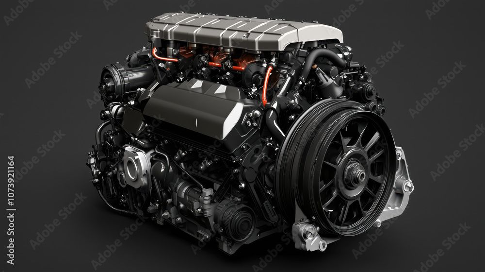 High-Performance Modern Engine Rendered in Detailed 3D Illustration Featuring Advanced Automotive Engineering Components and Design Technology in Latest Car Model on Black Background High-Performance Modern Engine Rendered in Detailed 3D Illustration Featuring Advanced Automotive Engineering Components and Design Technology in Latest Car Model on Black Background