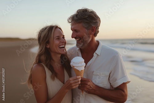 A couple laughing and sharing an ice cream cone at the beach, enjoying a warm sunset in a carefree, romantic moment by the ocean