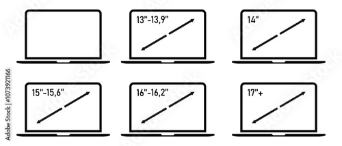 Laptop size icons set. Popular sizes of laptop displays. mass category of laptops, mass category of laptops, Lapdesk. Stock Vector 