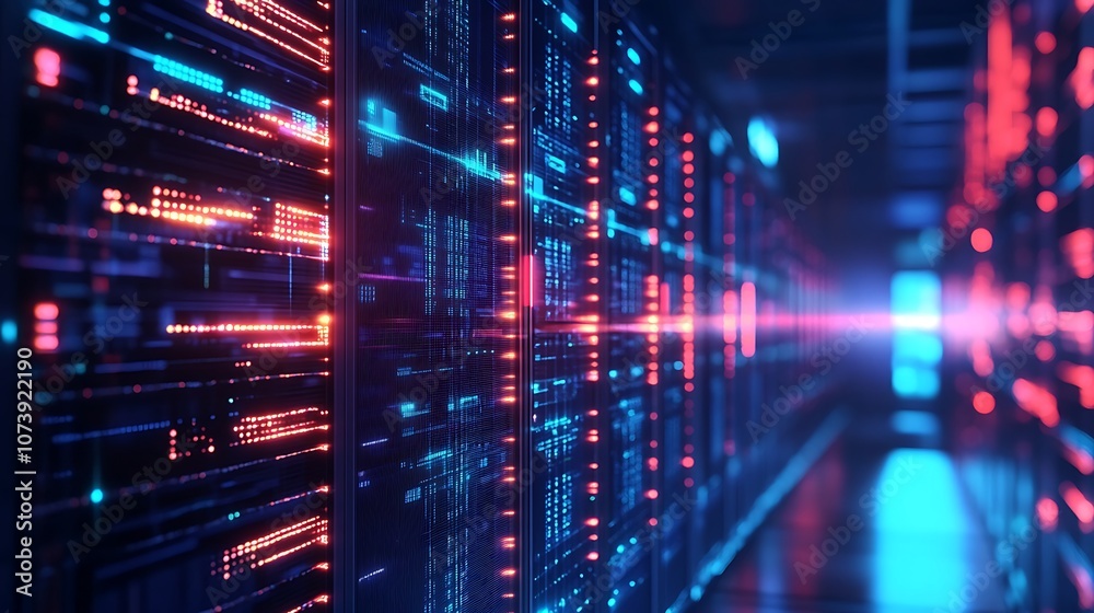 Data Center Glowing in Blue and Red Neon Light Effect Image Data Center Glowing in Blue and Red Neon Light Effect Image