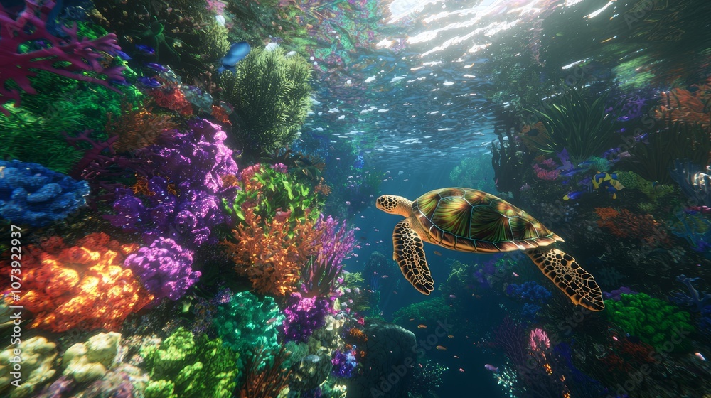 Fototapeta premium Majestic Underwater World: 3D Render of Colorful Coral Reef with Sea Turtle, Fish Schools, Vibrant Corals, and Sunlit Waters. Ultra-Detailed Digital Artwork