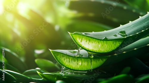 Fresh cut aloe close up on a green slightly blurred background with space for text or inscriptions
