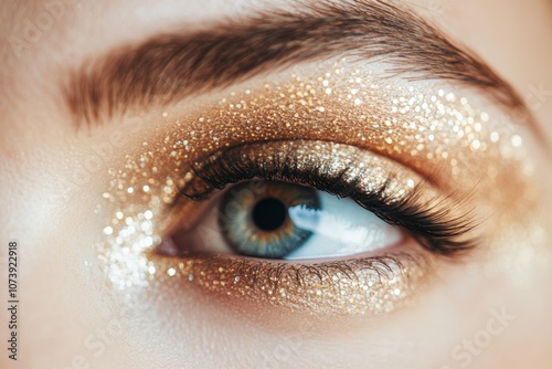 close up of eyes with  luxe metallic  glittery New Year makeup, featuring metallic eyeshadow, dramatic lashes, and high-shine highlights photo