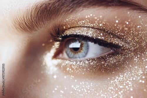 close up of eyes with  luxe metallic  glittery New Year makeup, featuring metallic eyeshadow, dramatic lashes, and high-shine highlights photo